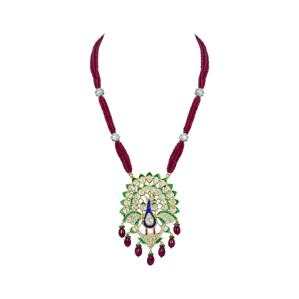 Peacock Pendant Necklace with Polki, Green Enamel, and Ruby Drops